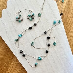 Turquoise Black Pearl Silver Bead 30 Inch Long Necklace and Dangle Earrings Set